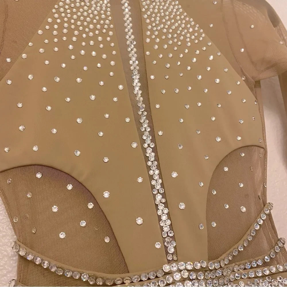LA dance solo custom tan nude beige illusion leotard costume bedazzled bling LC